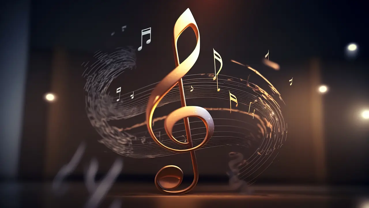 Volumetric musical background with a treble clef and notes, the concept of musical creativity.
